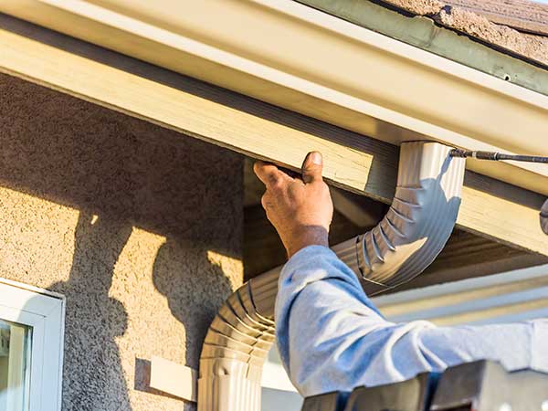 Close up of worker drilling in the downspout of a new k-style gutter system